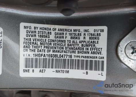 2008 Honda Civic Ex-L z USA, uszkodzony, nr VIN 1HGFA16938L047716